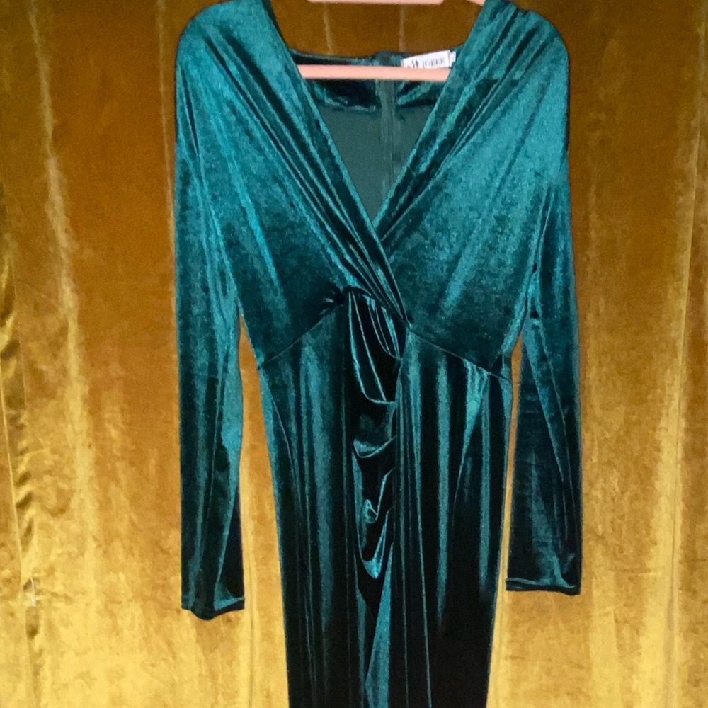 Velvet Emerald Green Long Sleeve Gown with Slit